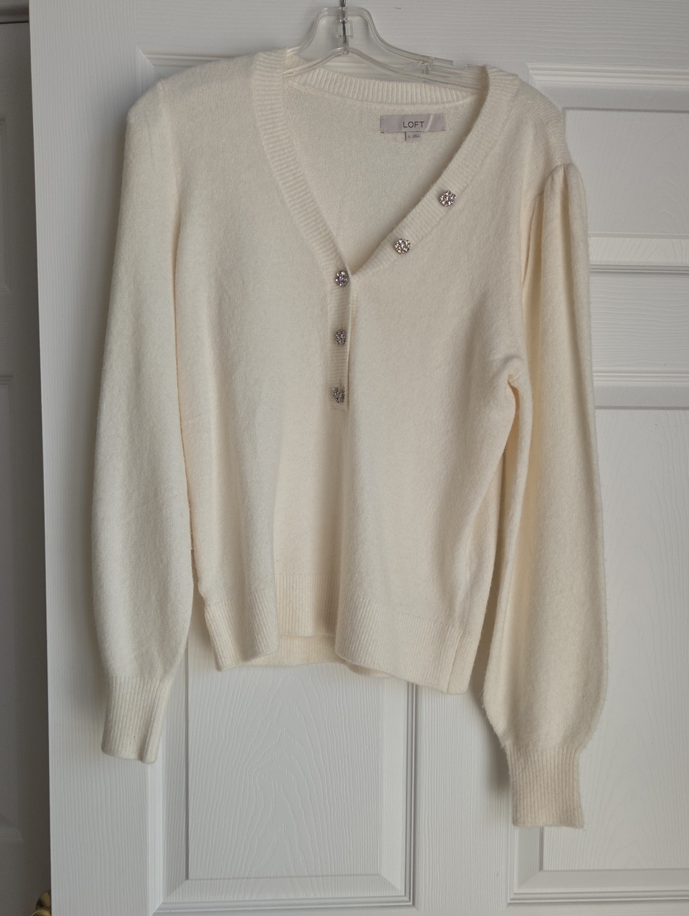 LOFT Cream V-Neck Sweater with Rhinestone Accent Buttons